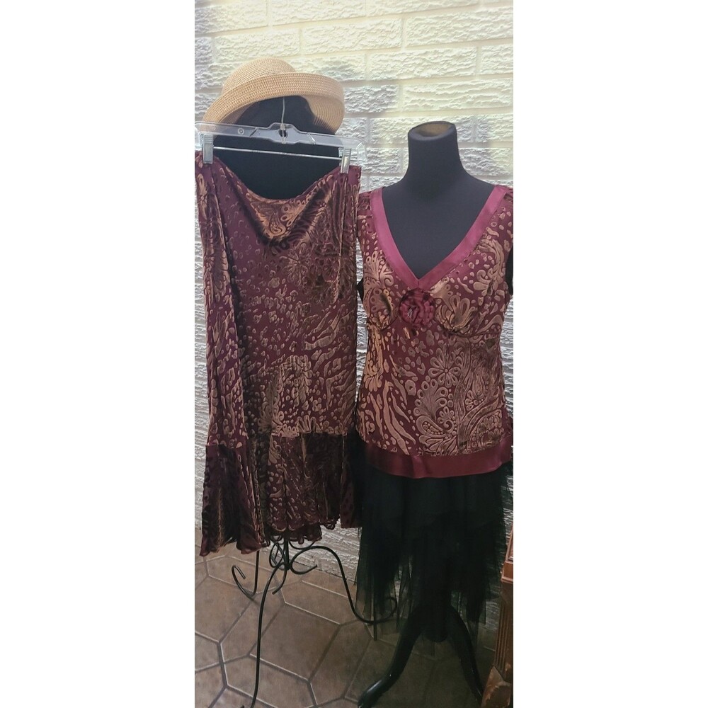 VTG Y2K Reba Burnout Velvet 2pc Dress Sz 10 Whimsigoth Fairy Burgundy
